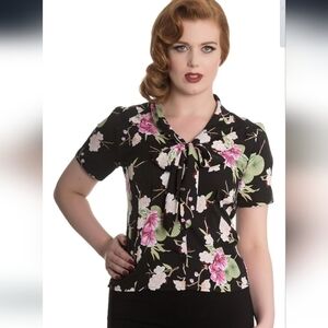 MODCLOTH Hell Bunny Vixen Freya Blouse 4XL Retro Cherry Black floral